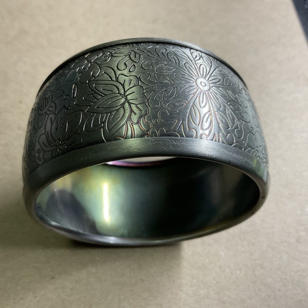 Stamped Brass Chunky Bangle Bracelet Floral Vtg Jewelry Bohemian
